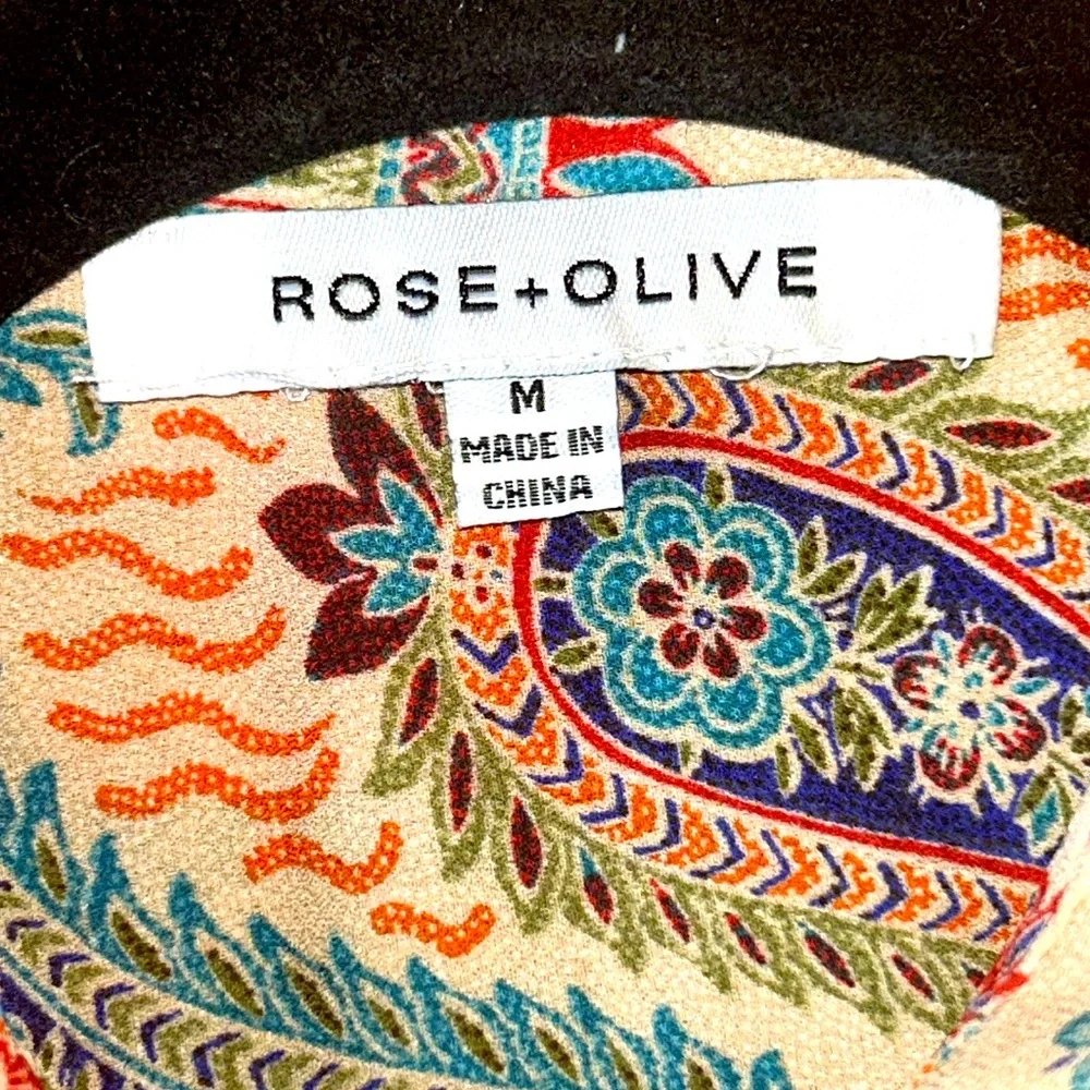 Rose & Olive Paisley Button-Up Shirt M Orange Boho Tie Knot Colorful Floral